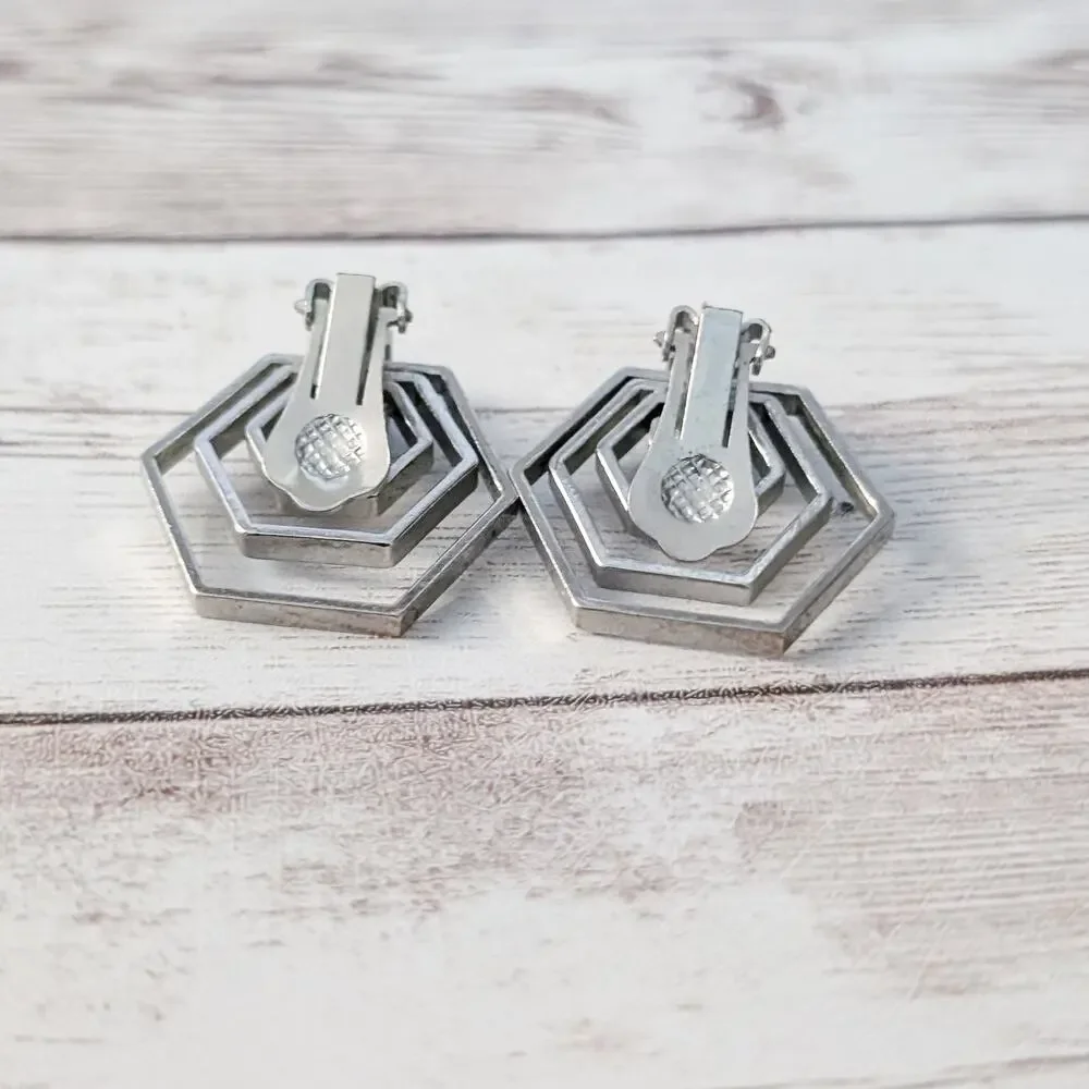 Vintage Clip On Earrings Silver Tone Geometric Large Statement - Picture 4 of 5